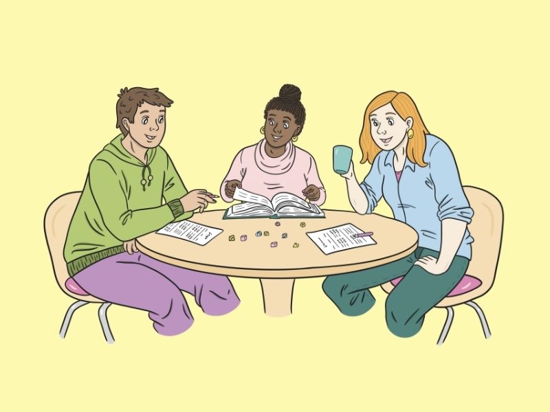 Digitaalinen piirros, jossa kolme ihmistä istuu pyöreän pöydän ääressä pelaten pöytäroolipeliä. Pöydällä on noppia ja hahmolomakkeita.
